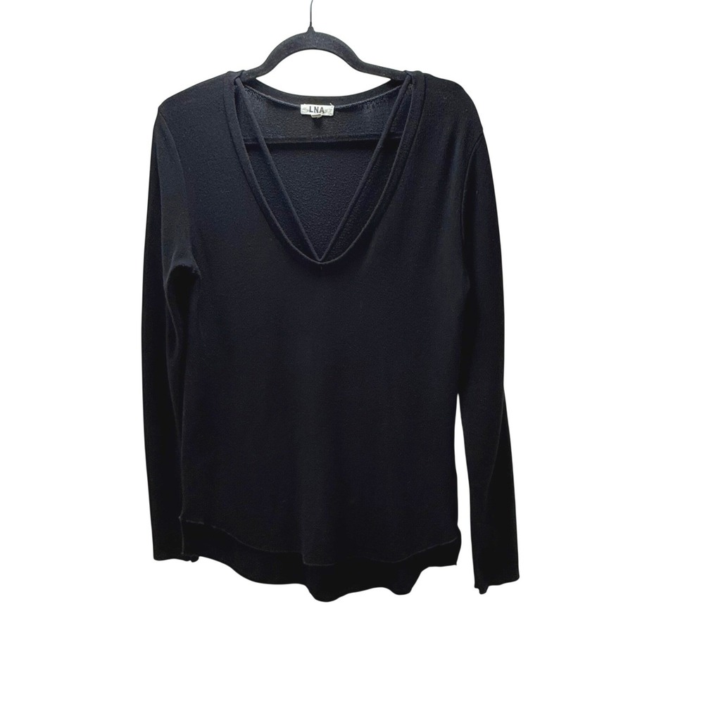 LNA Black V Neck Long Sleeve Top Made in USA Size S Pullover Cut Out Stretchy - Picture 8 of 8